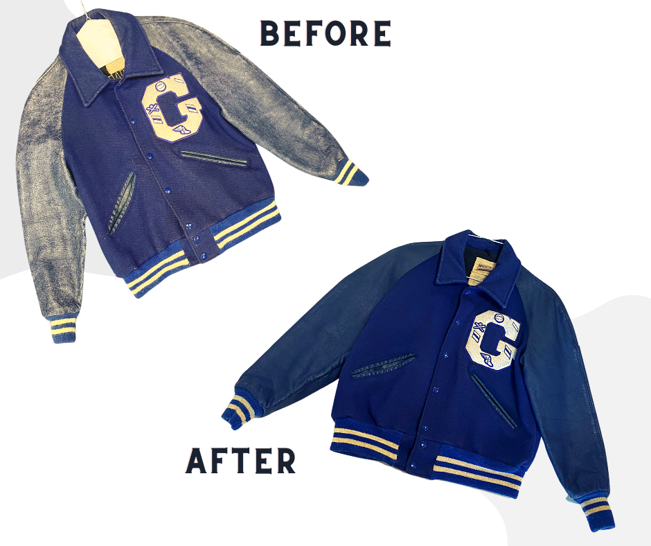before and after picture of a varsity jacket here at leathercareusa.com