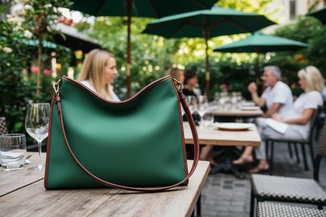 Green handbag on a table with people dining in the background