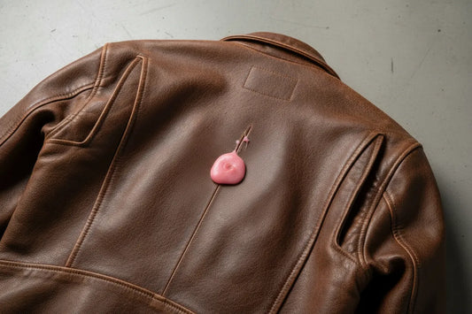 brown leather jacket with gum on back of the jacket