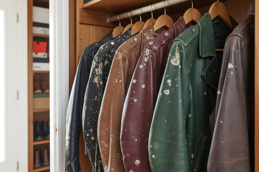 image of leather jackets hanging in closet with white mold spots on them