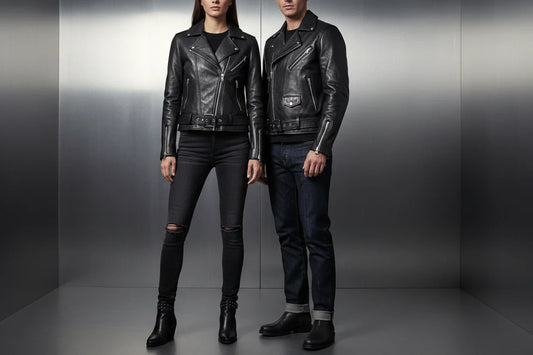 man and lady wearing a black motorcycle style jacket