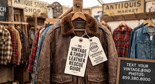 A restored vintage leather jacket hanging in an antique store. LeatherCareUSA 4th-generation specialists offer nationwide mail-in leather restoration and odor removal for thrifted eBay finds.