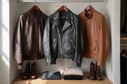 leather jackets hanging in closet on wooden hangers for storage