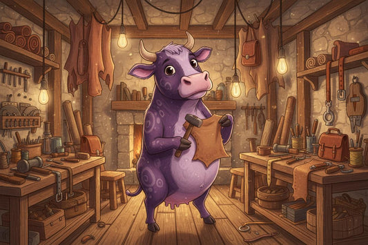 Purple cow in a leather workshop.