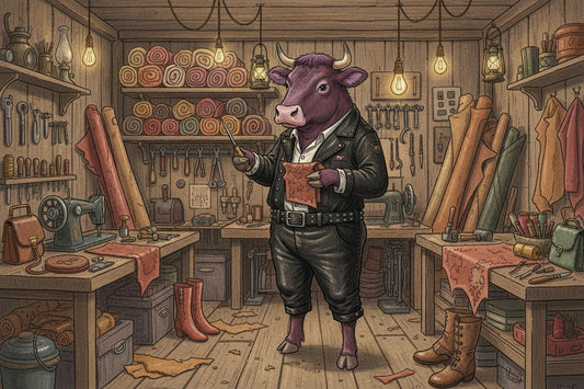 Purple cow wearing leather garments in a workshop.