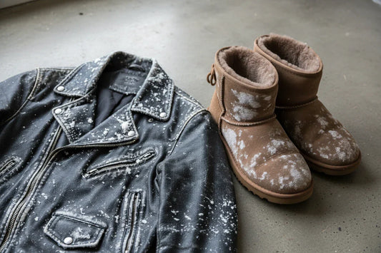 salt stains on black leather jacket and brown ugg boots