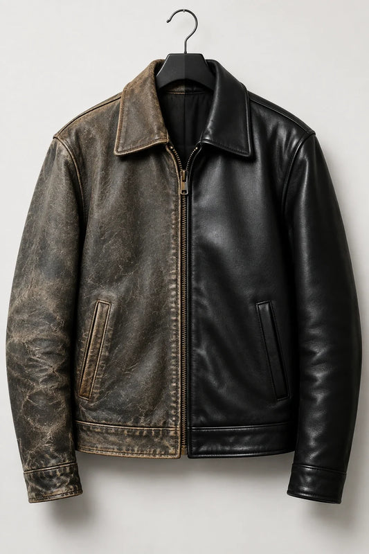 old versus new leather finish on a vintage black leather jacket