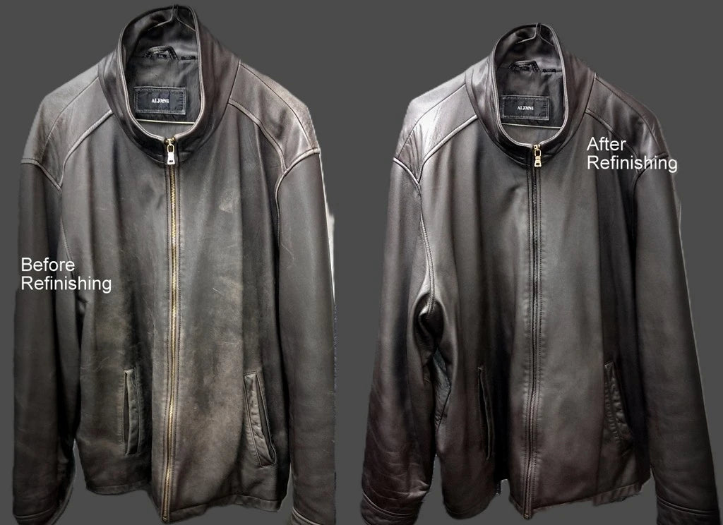 Before and after refinished leather jacket comparison on a gray background