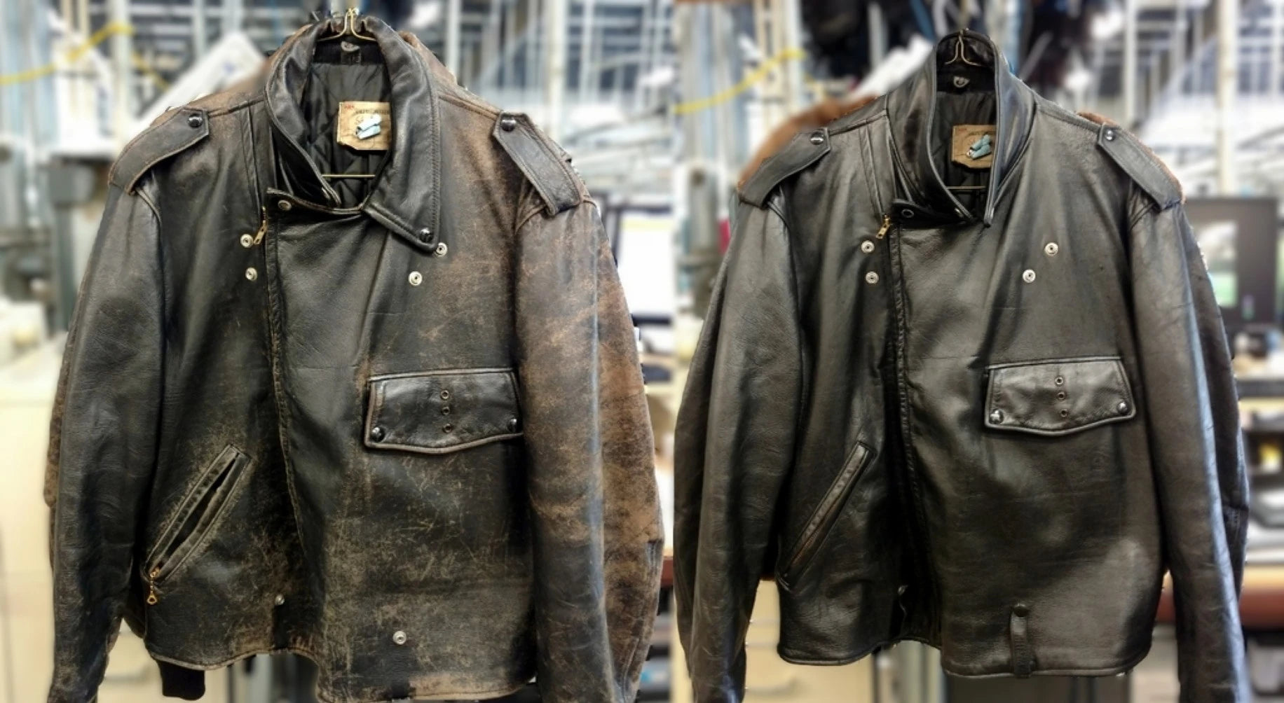 Two worn leather jackets displayed before and after repainting