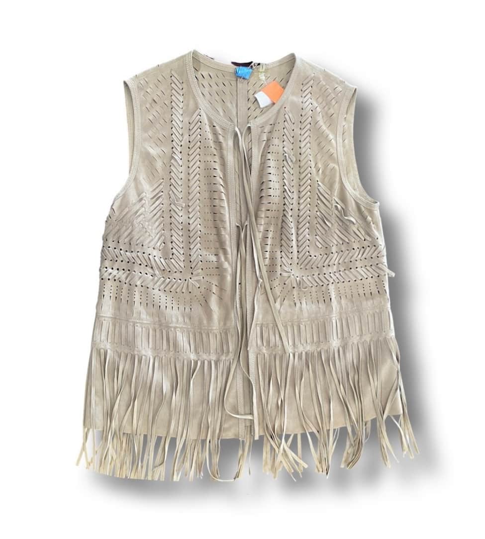 Beige fringe vest on a white background