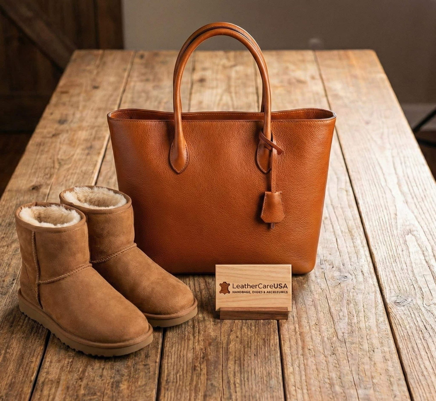 UGG sand colored boots cleaning and tobacco brown handbag cleaning available at leathercaresa.com