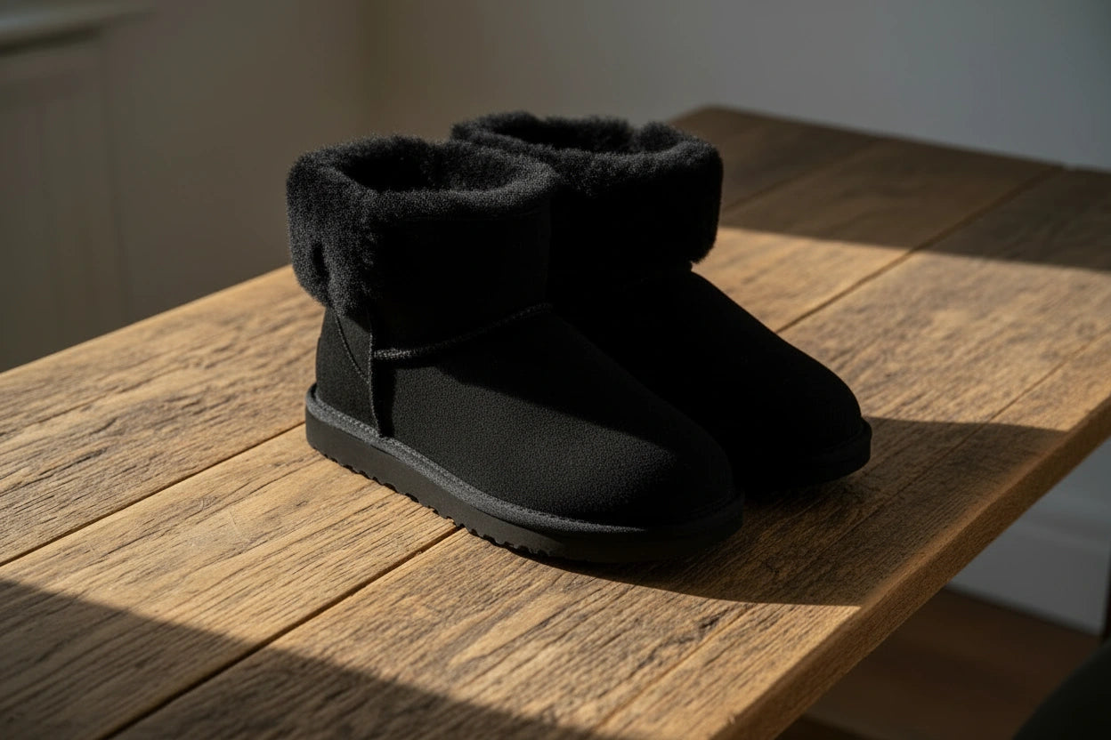 Black suede boots on a wooden surface with sunlight casting shadows