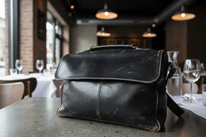 black leather handbag with color worn