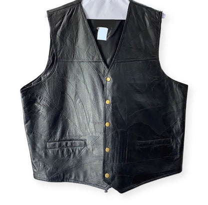 Black leather vest with gold buttons on a white background