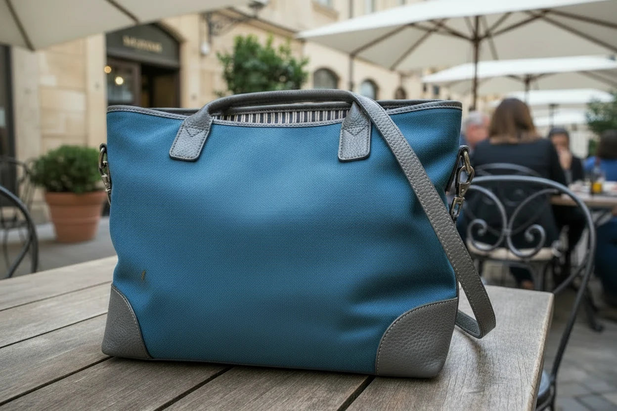 Blue bag with gray accents on a wooden table outdoors