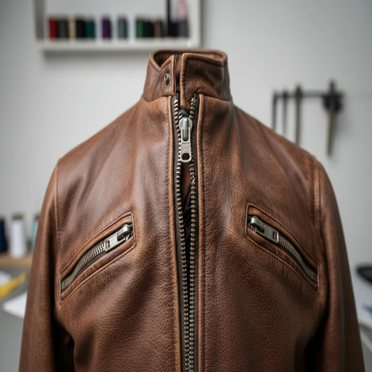 Brown leather jacket with zippers on a mannequin against a blurred background
