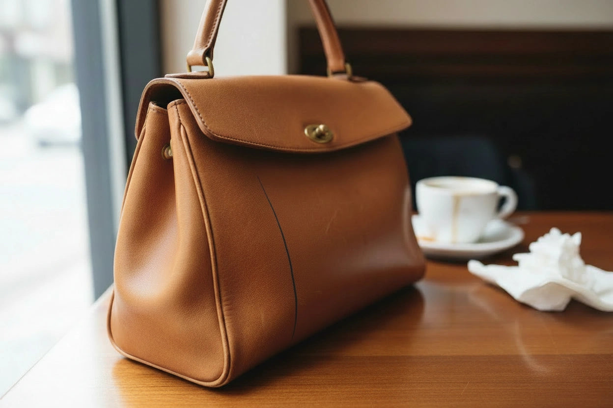 Brown leather handbag with ink mark on a wooden table with a blurred background