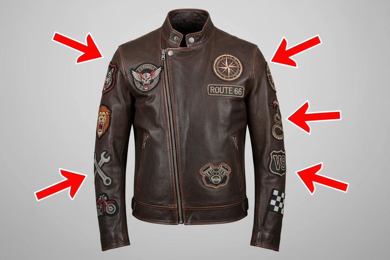 Brown leather jacket with various patches on a gray background