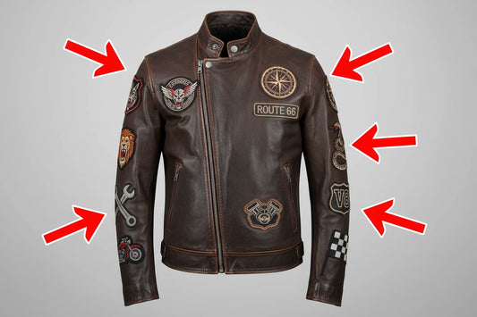 Brown leather jacket with various patches on a gray background