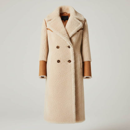 Cream color long fashion shearling coat cleaned at leathercareusa.com
