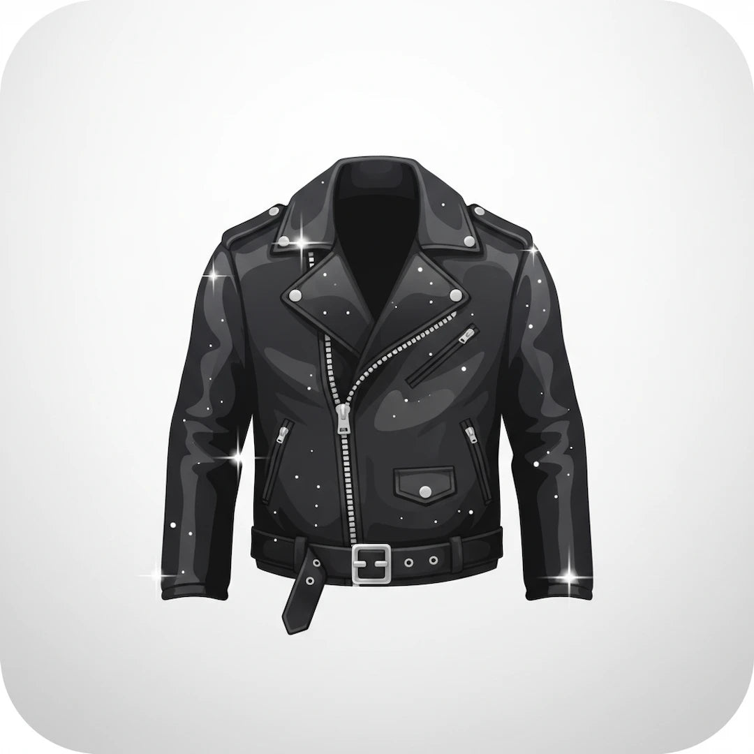 Black leather jacket with silver studs and zippers on a light gray background
