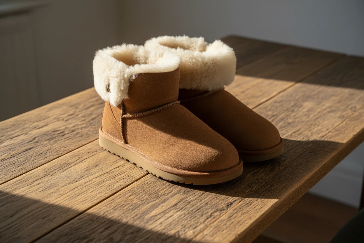 Pair of brown UGG boots with white fur lining on a wooden surface.