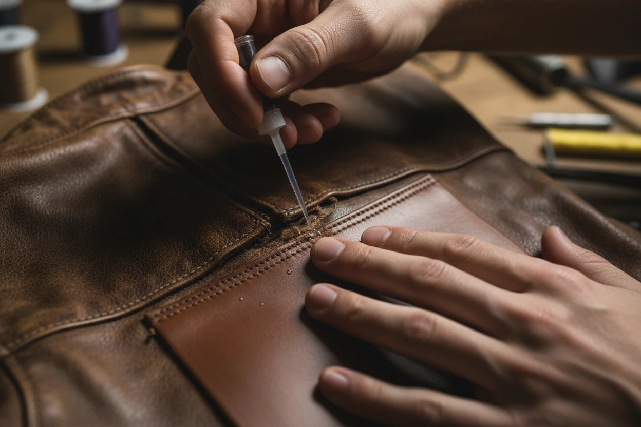 Person repairing a brown leather jacket with a glue and patch