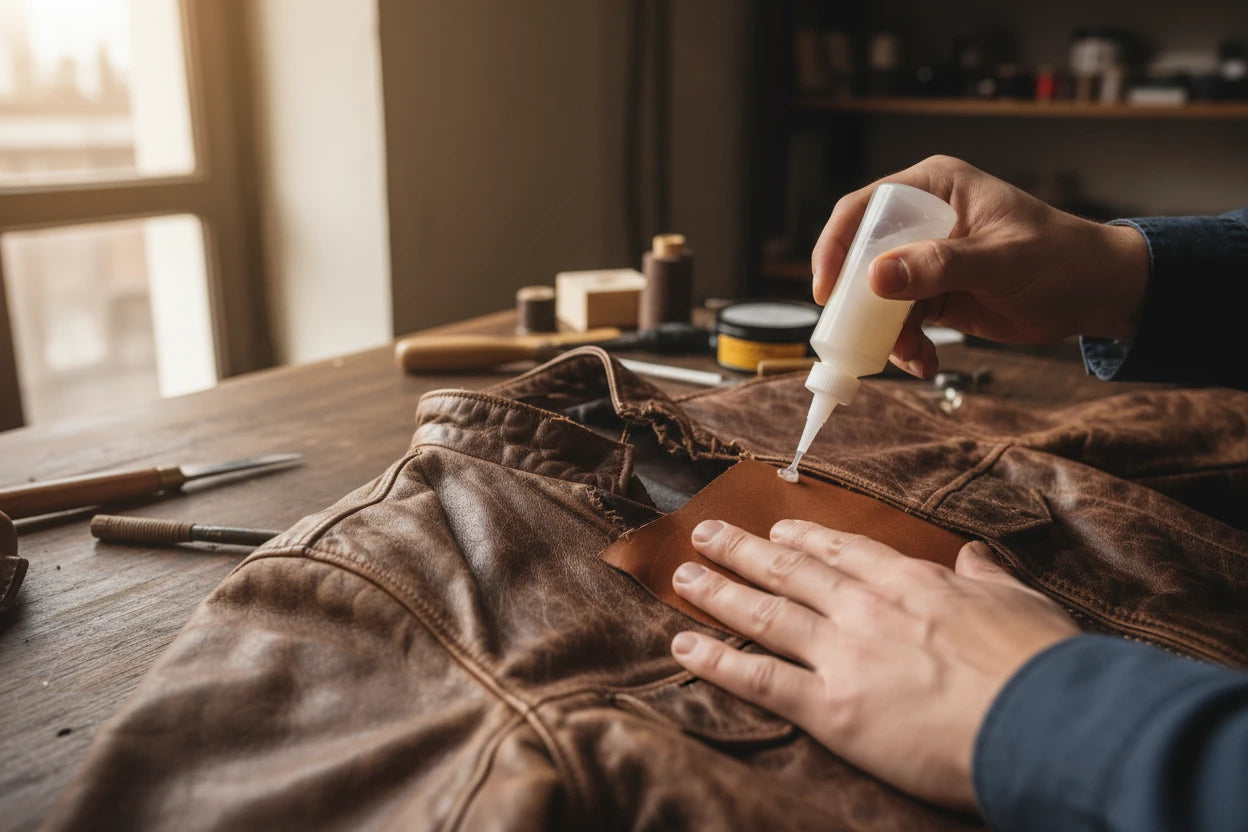 Person repairing a brown leather jacket with glue on a wooden table.