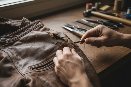 Person repairing a brown leather jacket with tools on a wooden table.