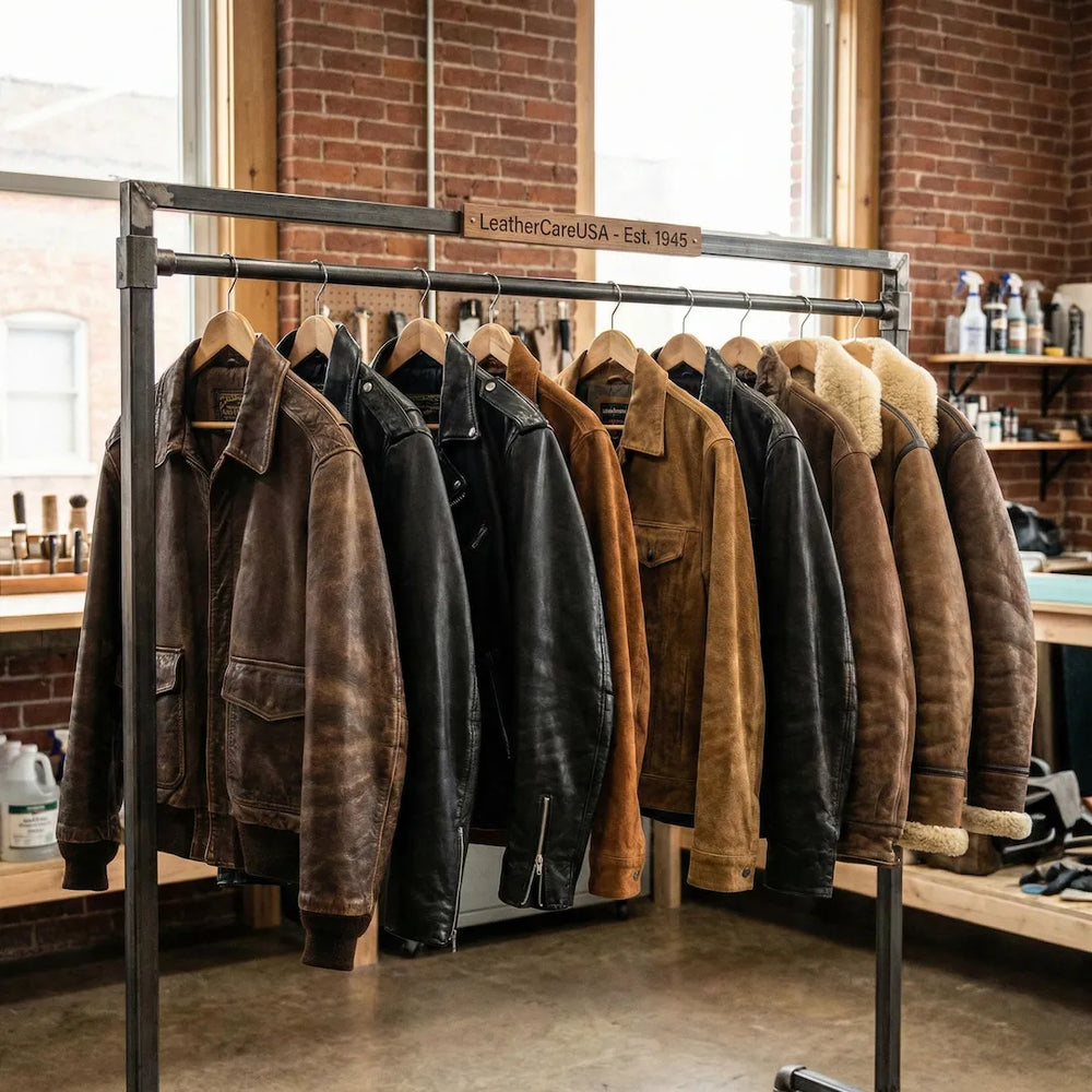 Row of leather jackets on a rack in a store with brick walls.
