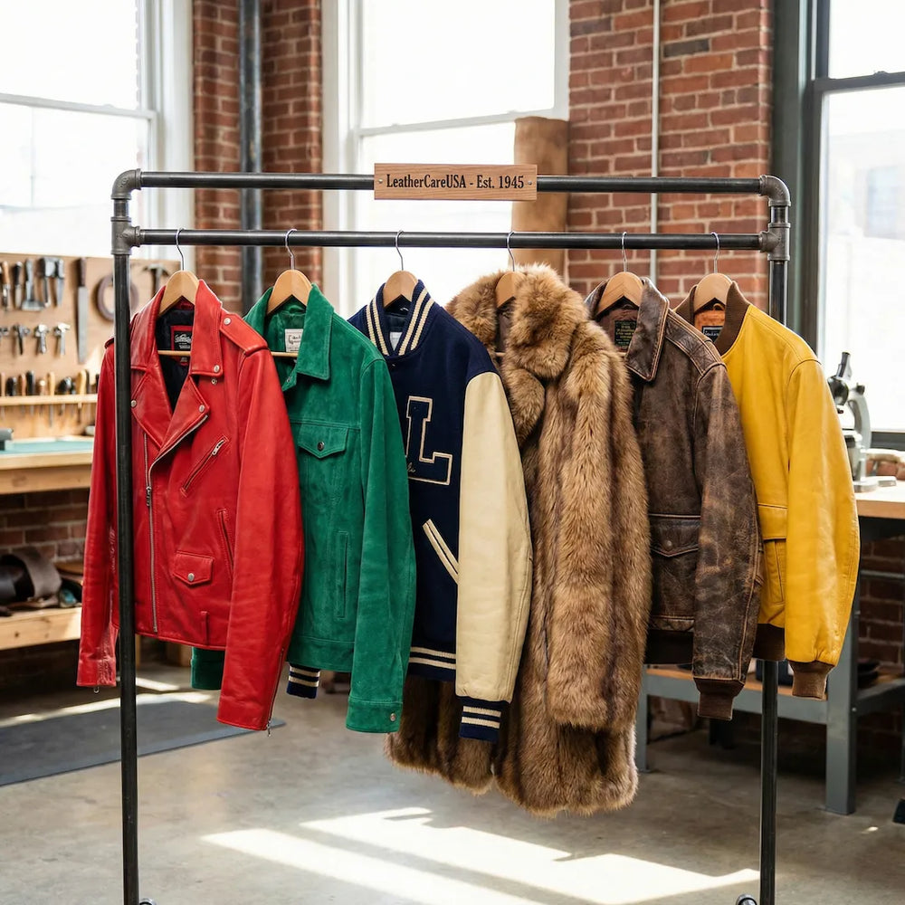 Various colorful leather jackets on a rack branded leathercareusa.com