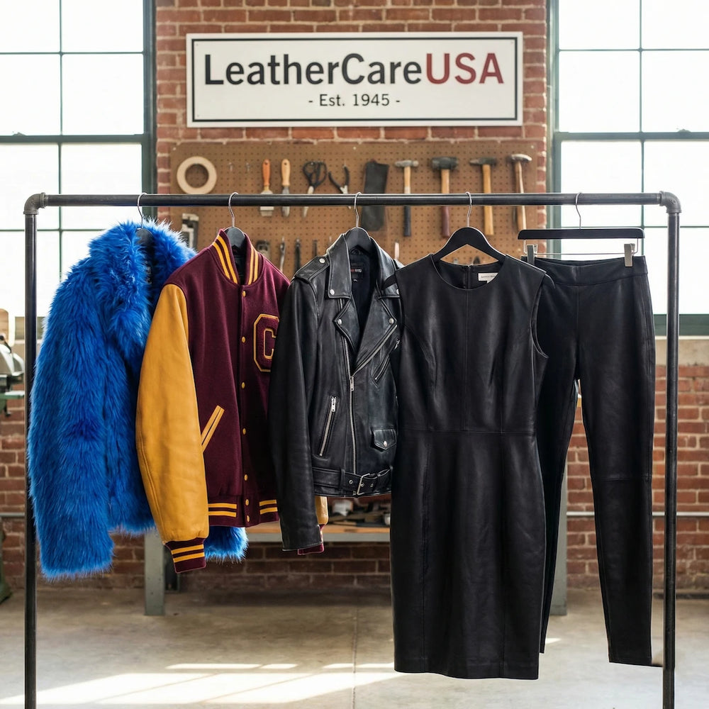 Leather clothing displayed on a rack with 'LeatherCare USA' sign in the background.