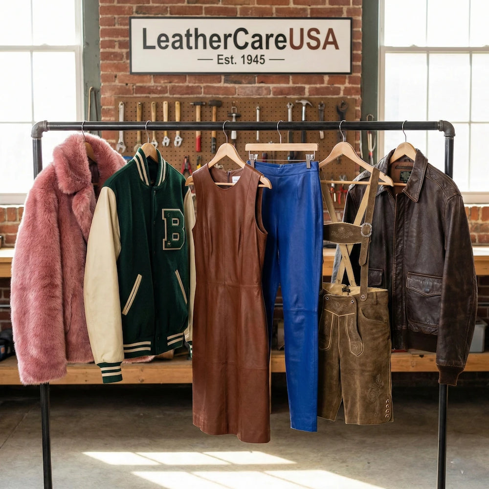 Leather care products displayed on a rack with 'LeatherCareUSA' sign in the background.