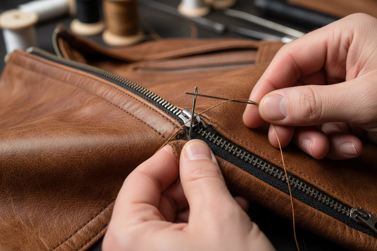 Person repairing a brown leather jacket with a zipper using a needle and thread.