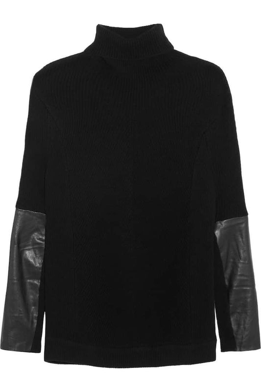 Black sweater with leather sleeves on a white background