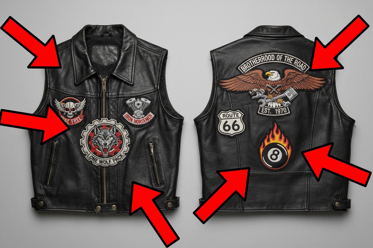 Black leather vest with various patches on a gray background