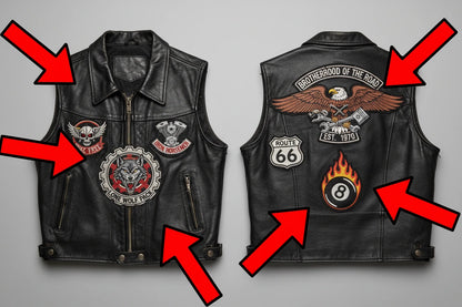 Black leather vest with various patches on a gray background