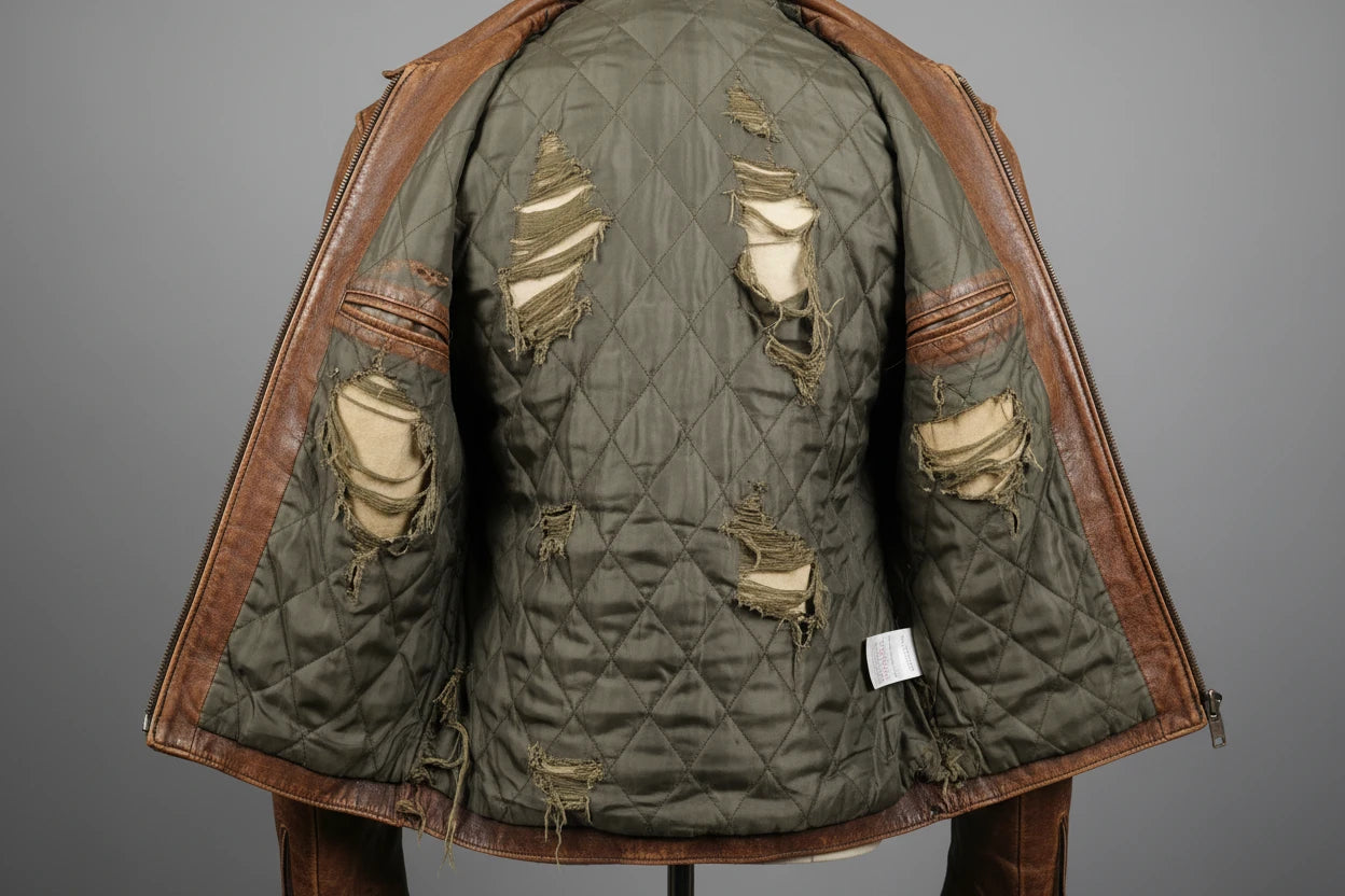 Vintage quilted jacket with leather sleeves on a gray background the lining is torn