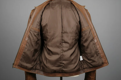 Brown jacket on a mannequin against a gray background with a new lining installed