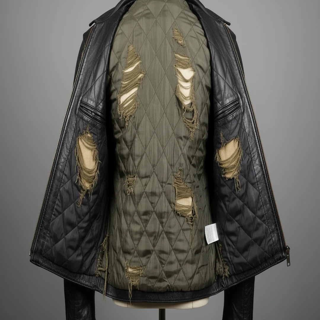 black leather jacket with torn lining