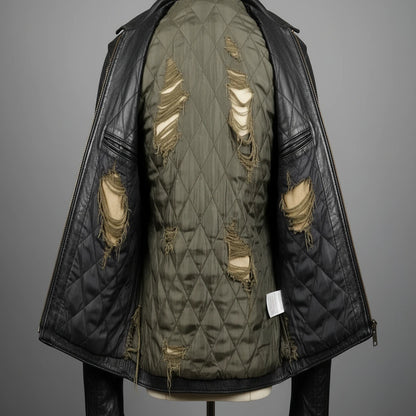 black leather jacket with torn lining