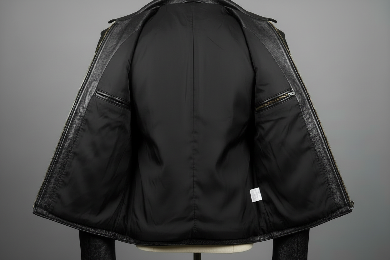 Black leather jacket on a mannequin against a gray background with a new lining installed