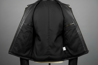 Black leather jacket on a mannequin against a gray background with a new lining installed