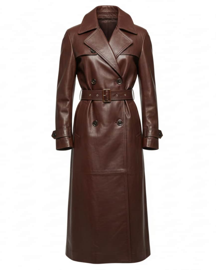 Brown leather long coat cleaned at leathercareusa.com