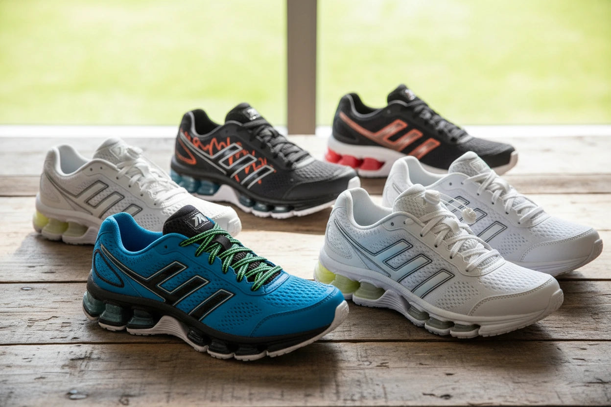 Four pairs of running shoes on a wooden surface with a blurred green background