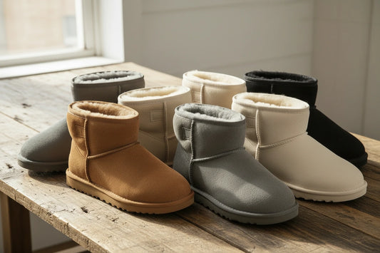 Set of various colored winter boots on a wooden surface.