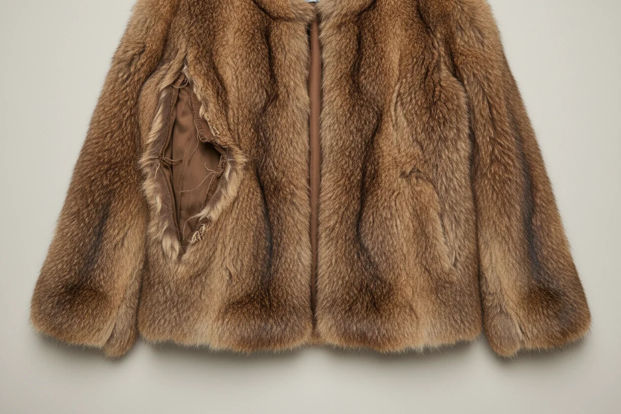 Brown fur coat on a light beige background and tear in the front