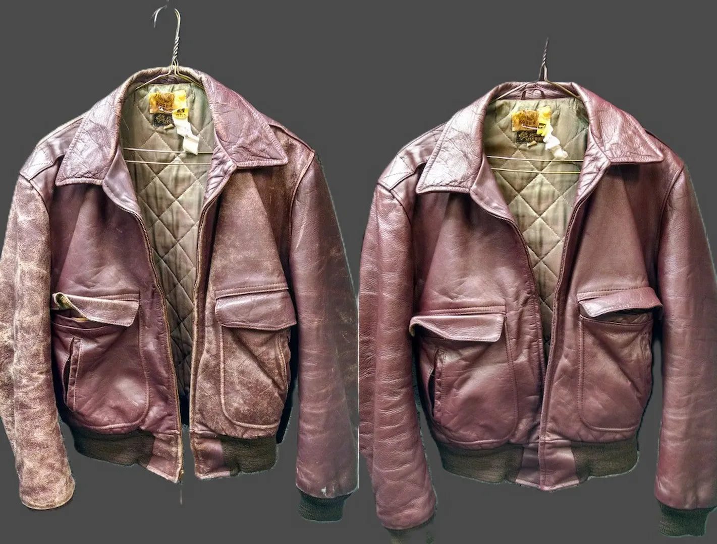 Two views of a worn leather jacket on hangers against a dark background