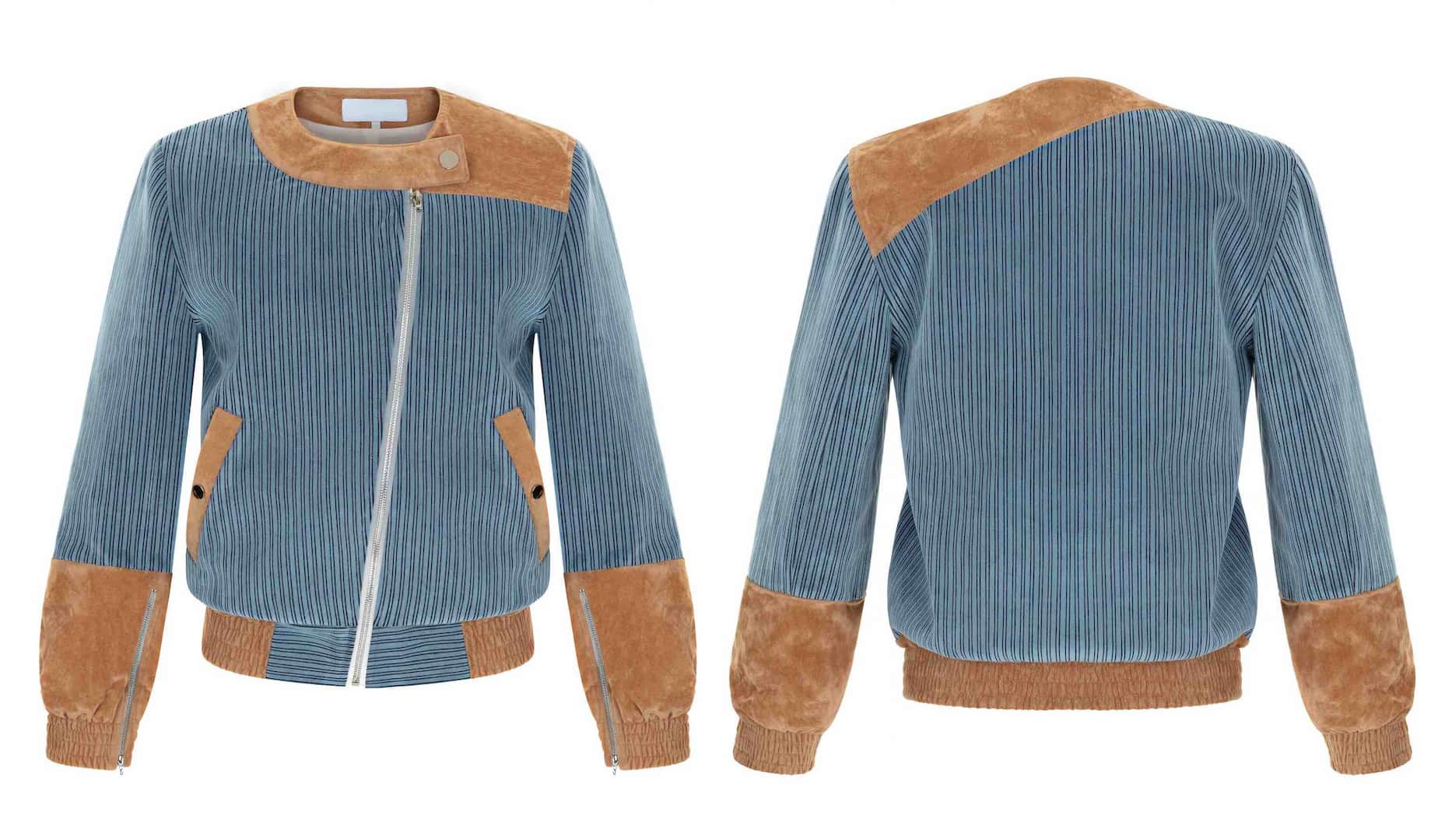 Blue jacket with brown accents on a white background