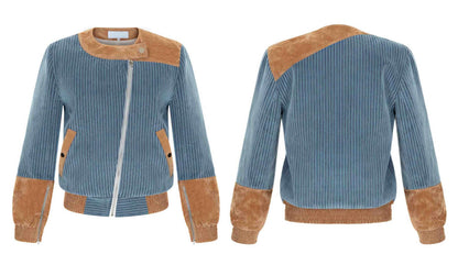 Blue jacket with brown accents on a white background